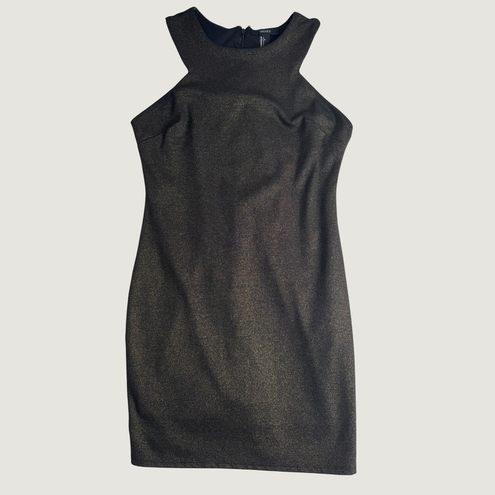 Glam Black Gold Metallic Shimmer Sparkly High Neck Bodycon Mini Dress L